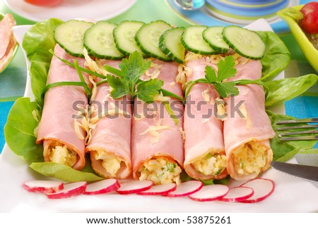 rolled ham stuffed with egg ,cheese and chive salad