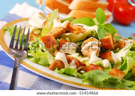 bowl of caesar salad with lettuce,grilled chicken and croutons