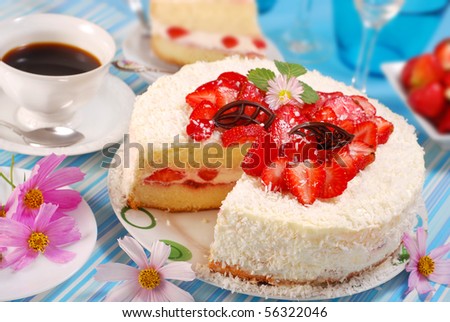 strawberry and whipped cream torte with coconut topping for party