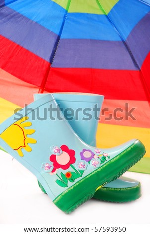 children`s wellington boots and umbrella for rainy day,isolated on white