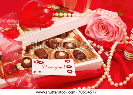 box of  chocolates with love card for Valentine`s day