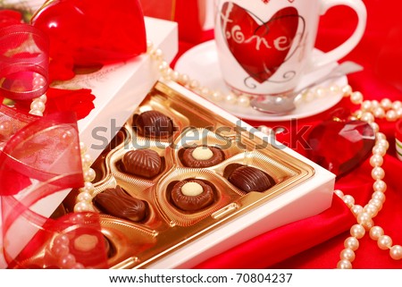 box of  chocolates and cup of coffee for Valentine`s day