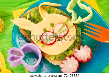 easter funny sandwich with  bunny for child`s breakfast