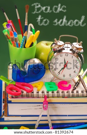 school equipment ,retro alarm clock and \