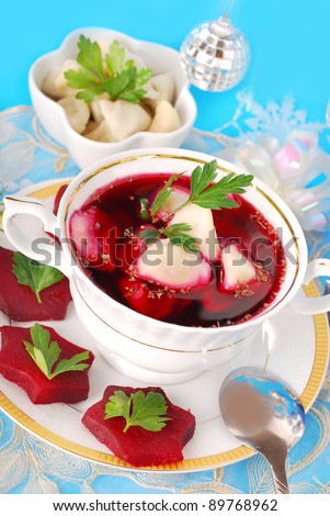 red borscht (barszczyk) with ravioli (uszka) for traditional christmas eve dinner
