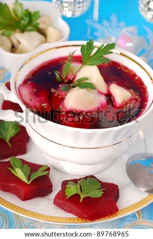 red borscht (barszczyk) with ravioli (uszka) for traditional christmas eve dinner