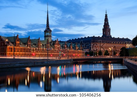 Night view on Christiansborg Palace over the channel in Copenhagen. GPS information is in the file