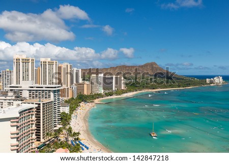 Scenic view of Honolulu city and Waikiki Beach; Hawaii, USA