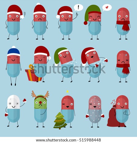 Merry Christmas pills. Happy pills and tablets on a blue background, medication with emotion and eyes, smile, happiness. Vector image