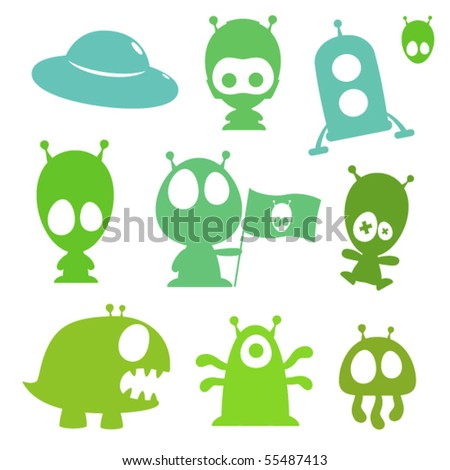 Collection of cartoon aliens, monsters and spaceships