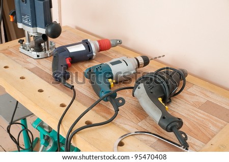 Set of electric tools in a school workshop.