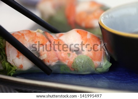 Freshly made summer rolls - vermicelli, cilantro and shrimp rolled in rice paper.
