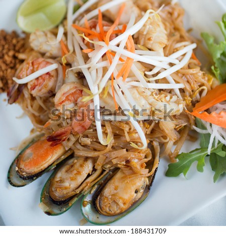 Seafood Pad Thai. Stir fried rice noodle with tamarind sauce, egg, bean sprouts and ground peanuts