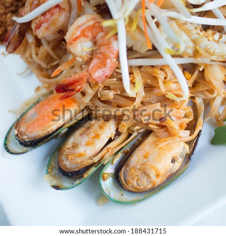 Seafood Pad Thai. Stir fried rice noodle with tamarind sauce, egg, bean sprouts and ground peanuts