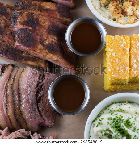 Baby backs, spare ribs, brisket, pork shoulder, mac + cheese, cornbread,\
 cole slaw and mashed potatoes