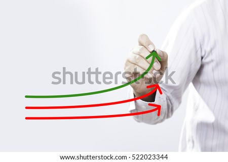 Benchmarking and market leader concept. Manager (businessman, coach, leadership) draw graph with three lines, one of them represent the best company in competition.