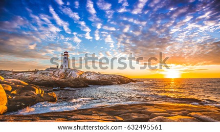 Peggy\'s cove lighthouse sunset ocean view landscape in Halifax, Nova Scotia