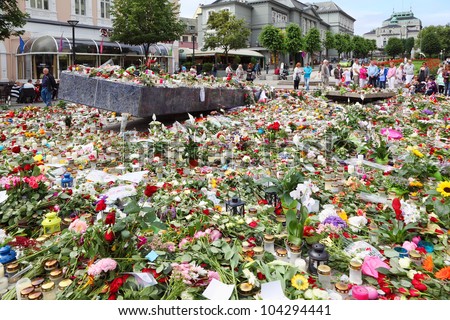 BERGEN - JUNE 27: Flowers at memorial to victims of massacre in Utoya on JUNE 27, 2011 in Bergen, Norway. Two terrorist attacks in Oslo and Utoya island was in Norway on 2011.