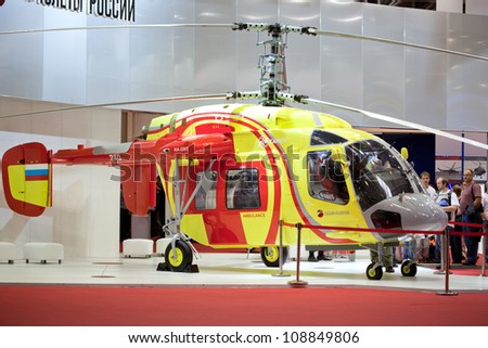 MOSCOW - MAY 21: Helicopter ka-226t in pavilion at International exhibition of helicopter industry of Helirussia in Exhibition center Expo Crocus, on May 21, 2011 in Moscow, Russia