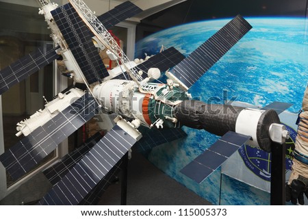 STAR TOWN - FEBRUARY 4: Model of Mir space station in Cosmonaut Training Center on February 4, 2012 in Star town near Moscow, Russia. Mir space station sunk in Pacific on March 23, 2001.