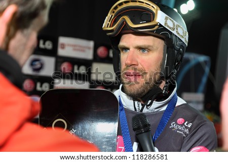 MOSCOW - MARCH 3: Andreas Prommegger (Austria, bronze) interviewed at Snowboard World Cup on March 3, 2012 in Moscow, Russia.