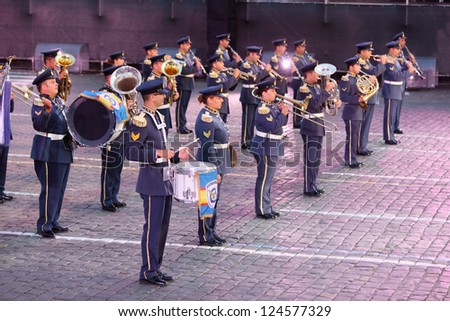 MOSCOW - AUGUST 31: Orchestra of Air Force of Greece at Military Music Festival Spasskaya Tower on August 31, 2011 in Moscow, Russia.