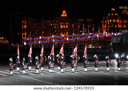 MOSCOW - SEPTEMBER 4: Secret Corps of drummers of Switzerland at Military Music Festival Spasskaya Tower on September 4, 2011 in Moscow, Russia.