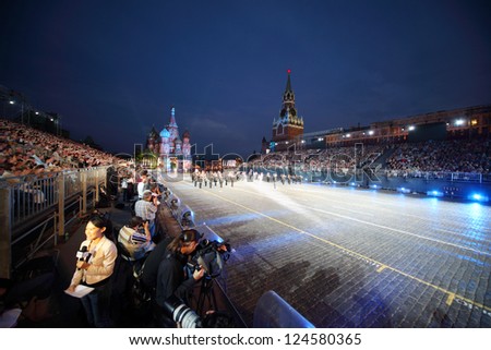 MOSCOW - AUGUST 31: Journalists, photographers, Central Military Orchestra of Ministry of Defense of Russian Federation at Military Music Festival Spasskaya Tower on August 31, 2011 in Moscow, Russia.