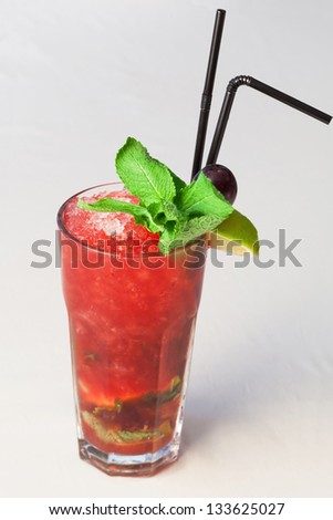 A delicious red cocktail with mint on white background.