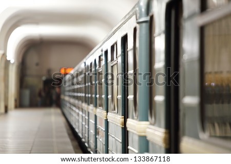 Green wagons of underground in Moscow, Russia. Focus on wagon entrance. Shallow depth of field.