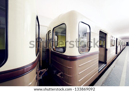 Empty white and brown wagons of underground in Moscow, Russia.