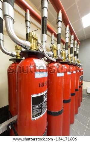 Red balloons of powerful industrial fire extinguishing system.