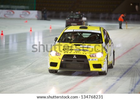 MOSCOW - APR 21: Racing car on ice in sports complex Krylatsky, on Rally Masters Show, on April 21, 2012 in Moscow, Russia