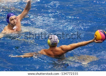 MOSCOW - APR 20: Game time in match on water polo of Olympic Sports complex, on April 20, 2012 in Moscow, Russia