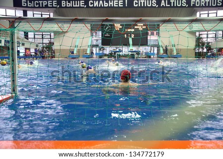 MOSCOW - APR 20: Match of teams Astana and Dynamo on water polo of Olympic Sports complex, on April 20, 2012 in Moscow, Russia. Astana:Dinamo - first period 1:2