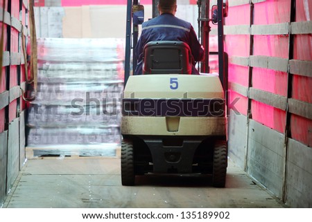 MOSCOW - MAY 31: Back of man working on loader machine in Ochakovo factory, on May 31, 2012 in Moscow, Russia. Moscow factory of Ochakovo company produces 750 million liters of beer annually.