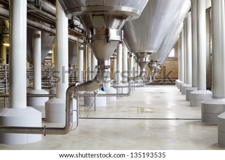 MOSCOW - MAY 31: Complex construction of cisterns for beer in Ochakovo factory, May 31, 2012 Moscow, Russia. Ochakovo aims to produce natural, without preservatives, artificial additives products.