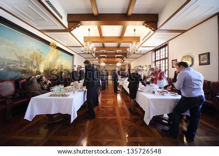 MOSCOW - APRIL 24: Fourchette for journalists after meeting of Council in Peter Hall of Guest extension in Grand Kremlin Palace on April 24, 2012 in Moscow, Russia.