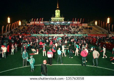 MOSCOW - JUN 8: Russian fans after the match in Fanzone in All-Russian Exhibition Center to support national team on UEFA EURO 2012, on Jun 8, 2012 in Moscow, Russia
