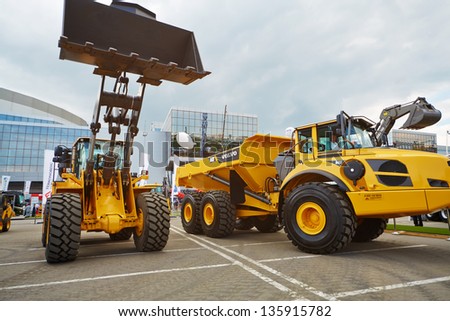 MOSCOW - MAY 29: Loader and articulated hauler VOLVO at 13th International Specialized Exhibition of Construction Equipment and Technologies 2012, May 29, 2012, Moscow, Russia.