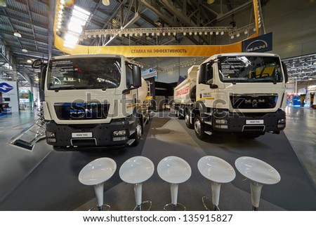 MOSCOW - MAY 29: MAN trucks at 13th International Specialized Exhibition of Construction Equipment and Technologies 2012 at international exhibition center Crocus Expo, May 29, 2012, Moscow, Russia.