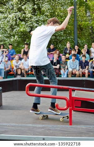 MOSCOW - MAY 12: Skateboarder performance at opening of skatepark in Culture and Recreation Park Sokolniki, May 12, 2012, Moscow Russia. Skatepark in Sokolniki - pilot project of this format in Moscow