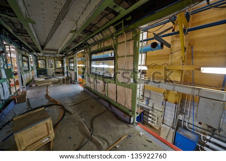 MYTISHCHI - APR 18: Inside assembling wagon in shop floor at  Mytishchi Metrovagonmash factory, April 18, 2012, Mytishchi, Russia. The plant is famous for creating user-friendly subway cars.
