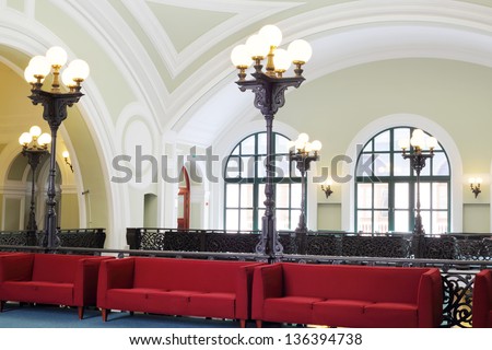 MOSCOW - MAY 23: Sofas and lanterns in Commerce and Industrial chamber of Russia, May 23, 2012 Moscow, Russia. Congress center of Commerce, Industrial chamber has conference room of 370 square meters