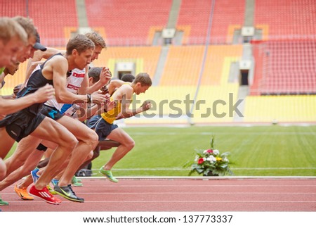 MOSCOW - JUN 11: Start of race at Grand Sports Arena of Luzhniki Olympic Complex during International athletics competitions IAAF World Challenge Moscow Challenge, June 11, 2012, Moscow, Russia.