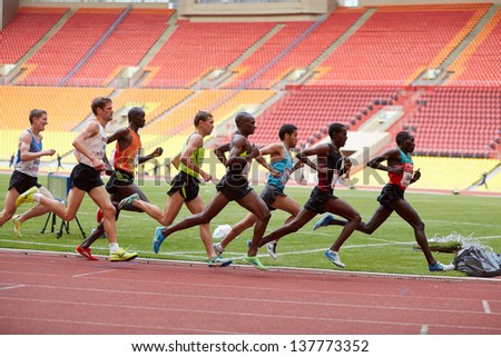 MOSCOW - JUN 11: Participants of race on racetrack at Grand Sports Arena of Luzhniki OC during International athletics competitions IAAF World Challenge Moscow Challenge, Jun 11, 2012, Moscow, Russia.
