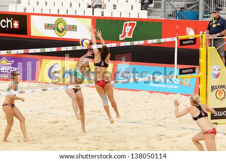 MOSCOW - JUNE 6: Teams from Germany play volleyball in Country Quota at tournament Grand Slam of beach volleyball 2012, on June 6, 2012 in Moscow, Russia.