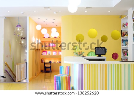 MOSCOW - AUGUST 1: Stylish reception and kids room in cafe Anderson near Sokol metro station, on August 1, 2012 in Moscow, Russia. At Cafe Anderson regularly held shows for children.