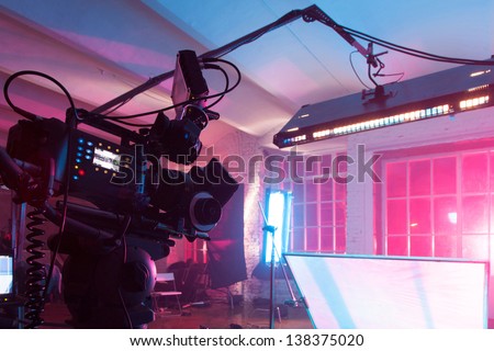 Moscow - Oct 24: Room In The Purple Light With Equipment For A Film On Shooting Video Clip Rene In White Studio, On October 24, 2010 In Moscow, Russia.