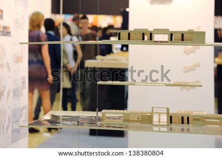 MOSCOW - MAY 23: Architectural models on hanging shelves at International Exhibition of Architecture and Design ARCH MOSCOW, on May 23, 2012 in Moscow, Russia.